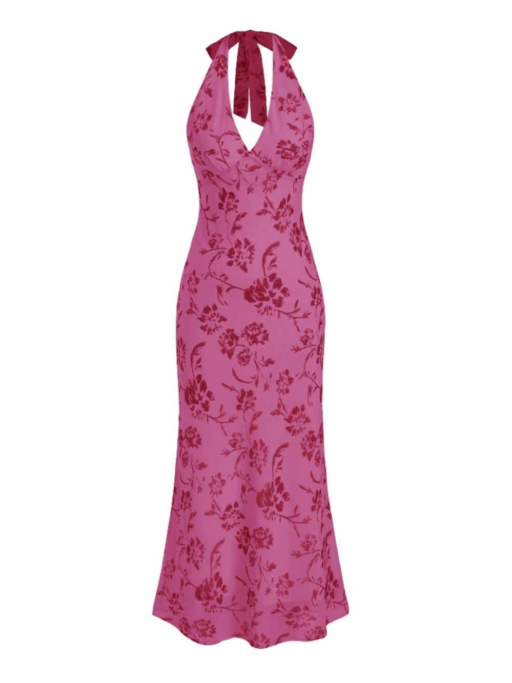 Floral Magenta Halter Open Back Maxi Dress